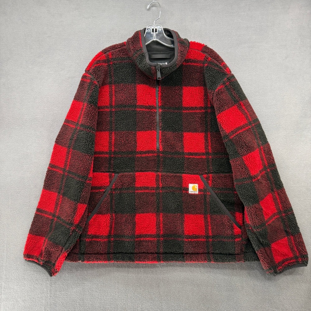 Carhartt Mens XL Loose Fit Sherpa Fleece Quarter Zip Buffalo Plaid Zip Pockets